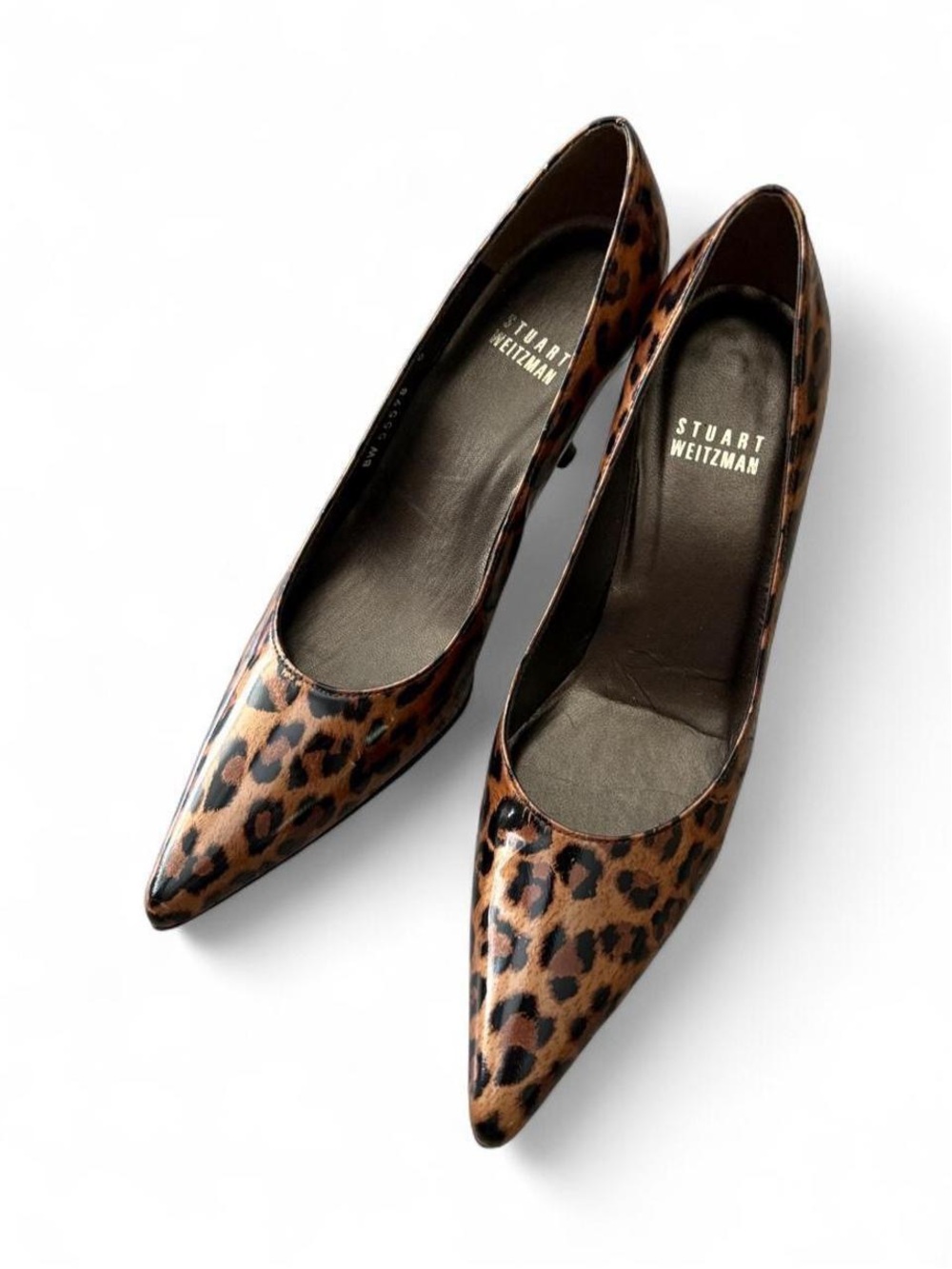 VTG Stuart Weitzman Leopard Print Gold Brown Patent Leather Pointed Toe Heels 5